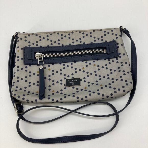 Fossil, gray, navy, mustard polka dots crossbody bag - Picture 1 of 8
